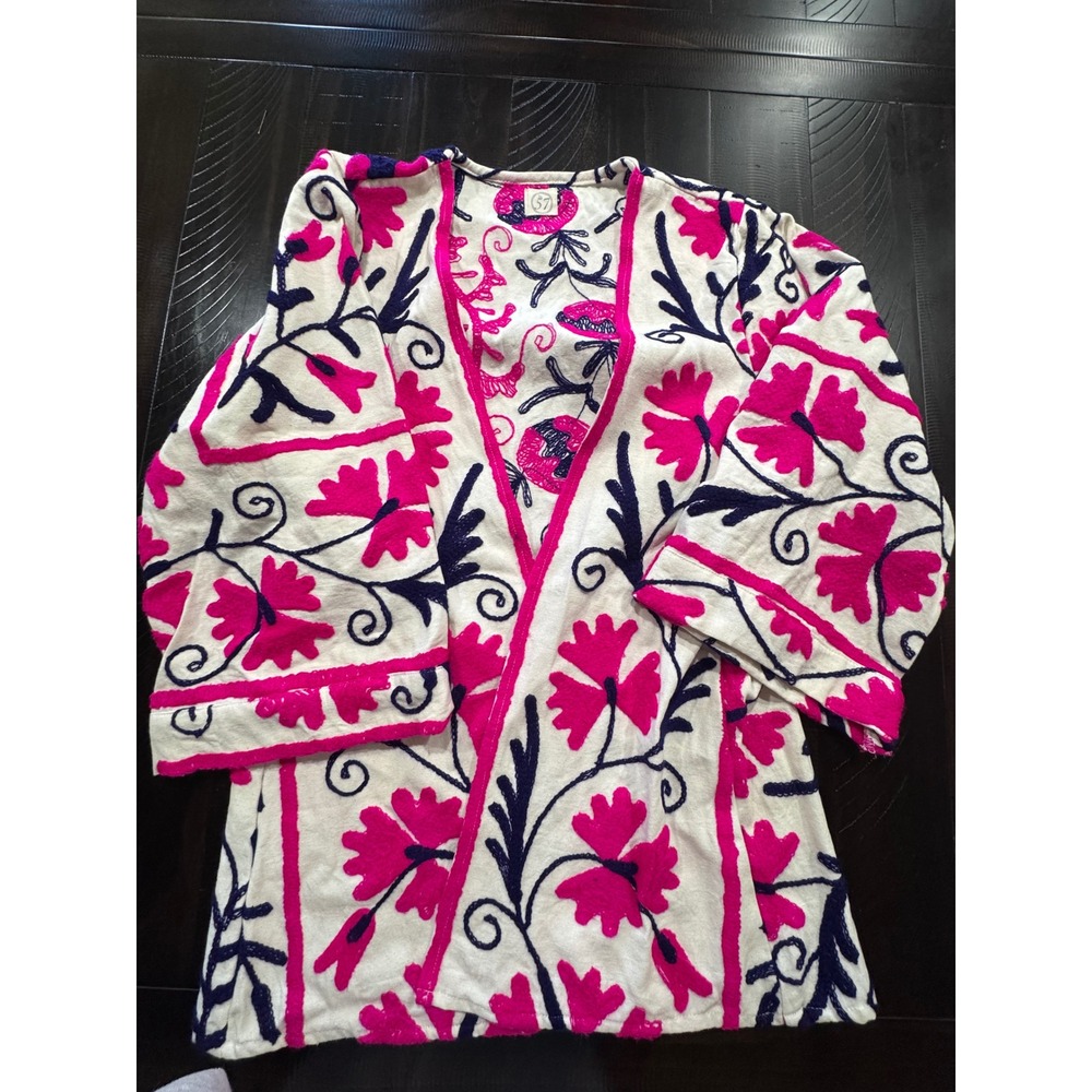 The 57 Suzani Embroidered Robe Jacket Pink Navy Floral Kimono Belted Topper - Picture 1 of 8